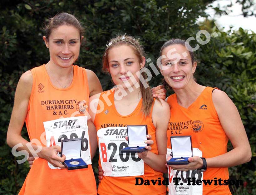 Durham City winners of the senior women, from left to right:  Rosie Smith, Chloe Price and Aiveen Fox, Northern Cross Country Relay, Graves Park, Sheffield.
